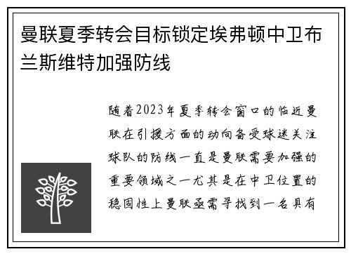 曼联夏季转会目标锁定埃弗顿中卫布兰斯维特加强防线